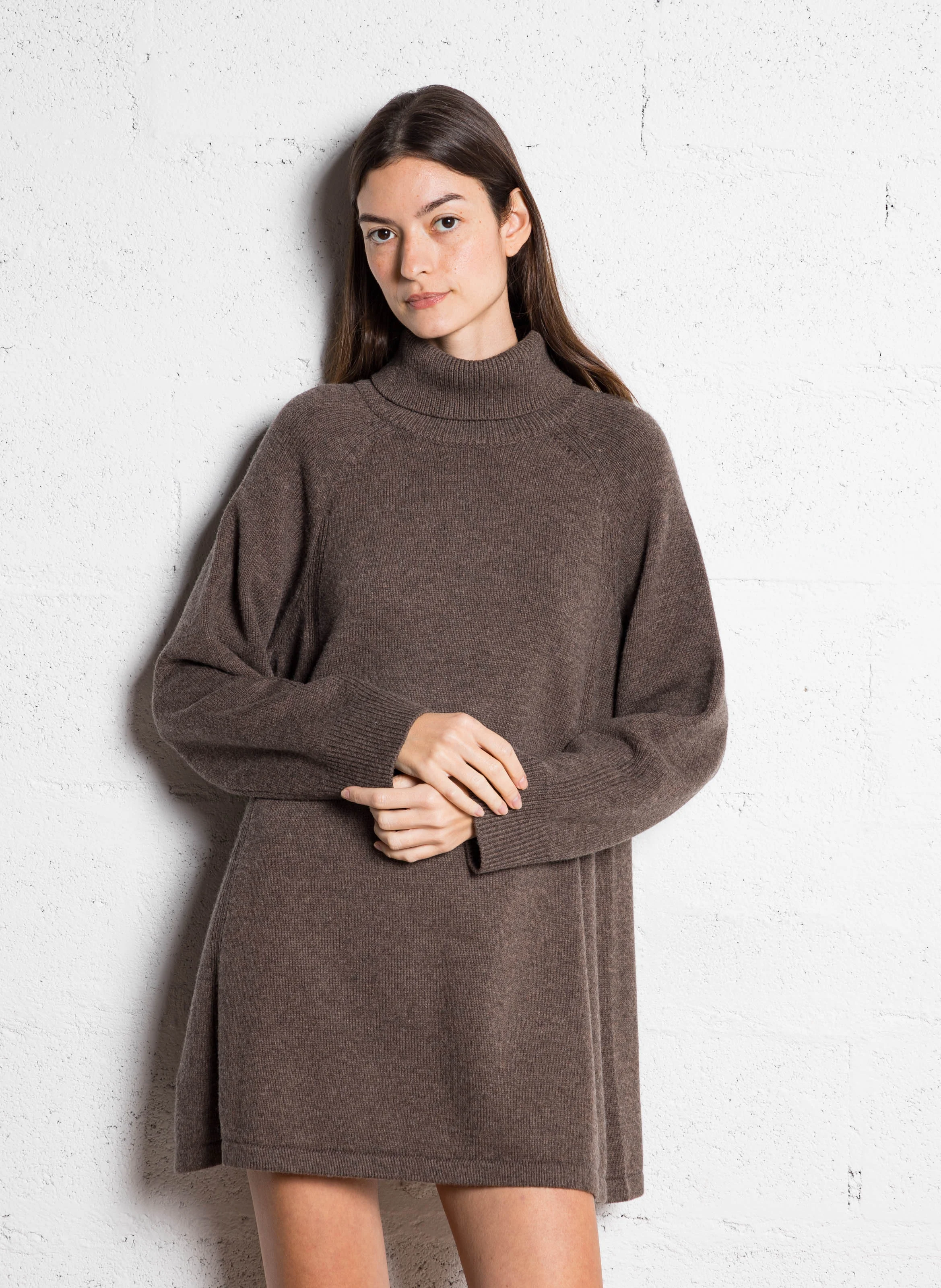 MEDEE - Robe pull courte en laine et coton| Marron