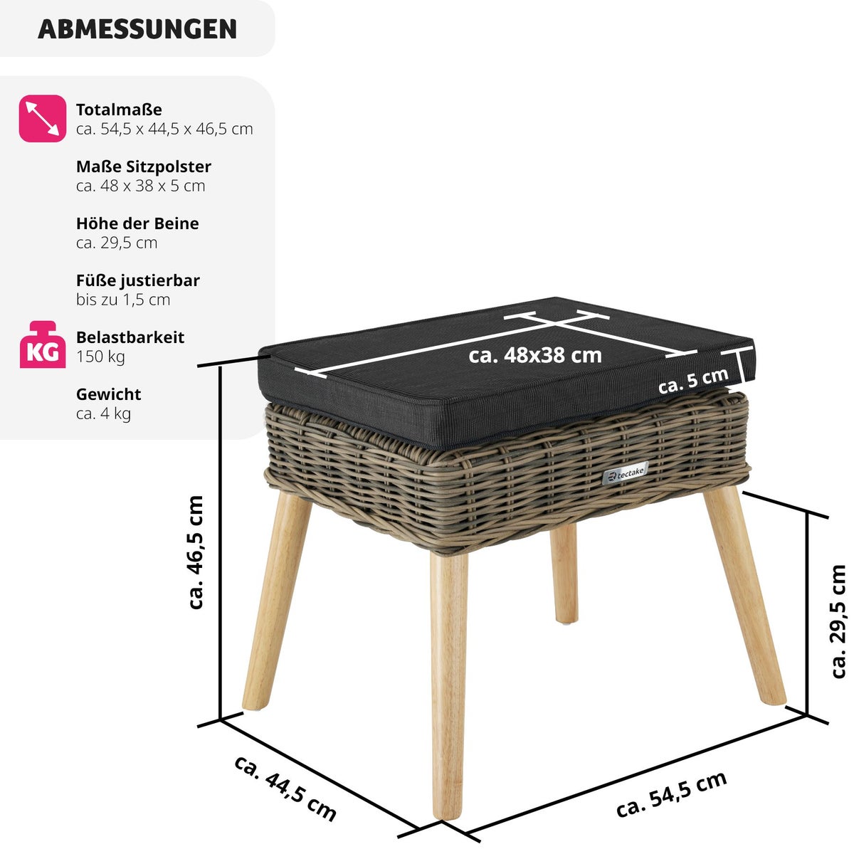tectake Vibo rotan voetenbank, natuurlijk imitatieweefsel met aluminium frame, 54,5 x 44,5 x 46,5 cm