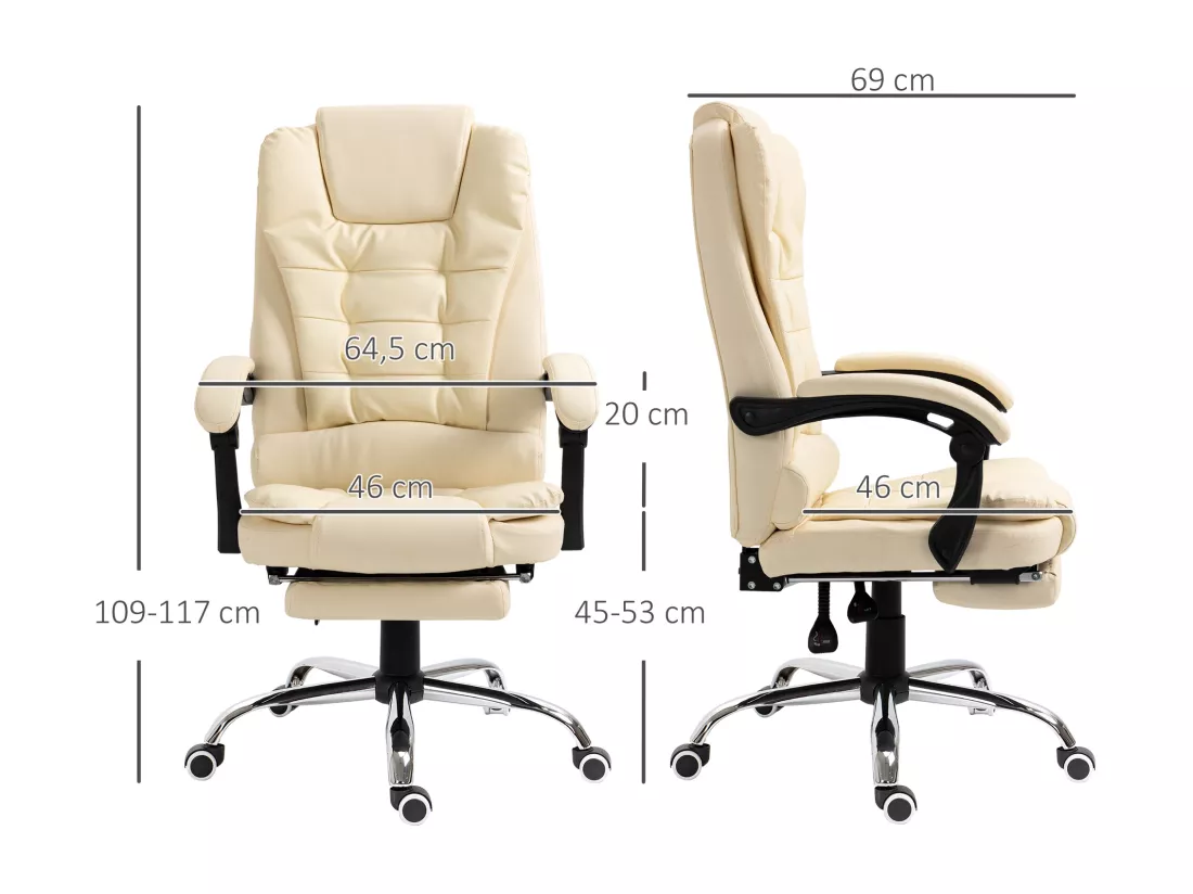 Fauteuil de bureau fauteuil manager grand confort réglable dossier inclinable repose-pied revêtement synthétique crème