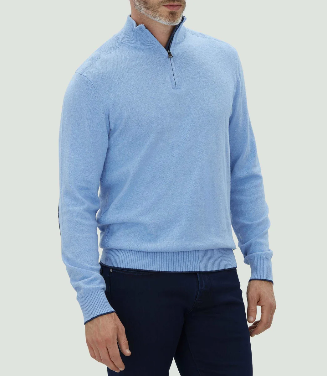 Pull col zippé bleu ciel chiné 