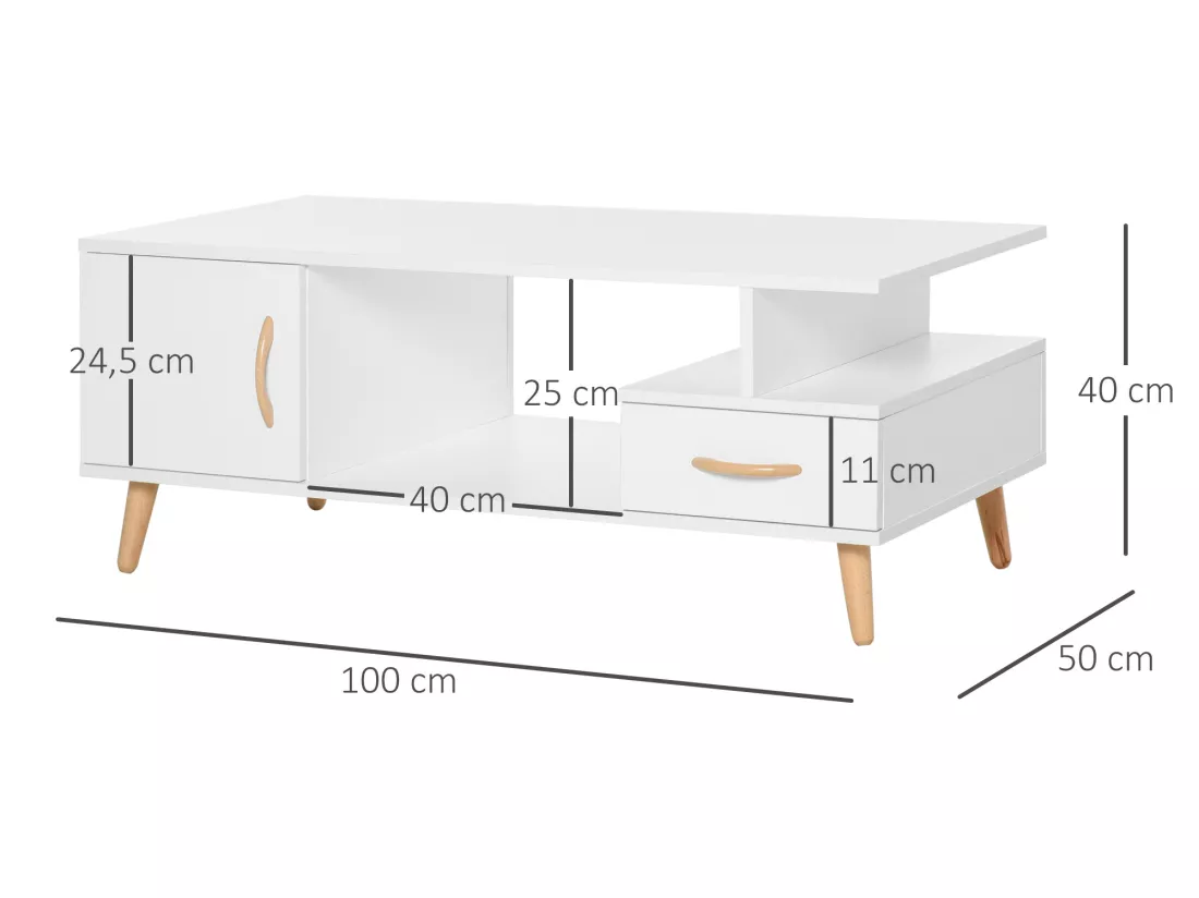 Table basse rectangulaire design scandinave 100L x 50l x 40H cm niche + tiroir & placard bois massif pin panneaux particules blanc
