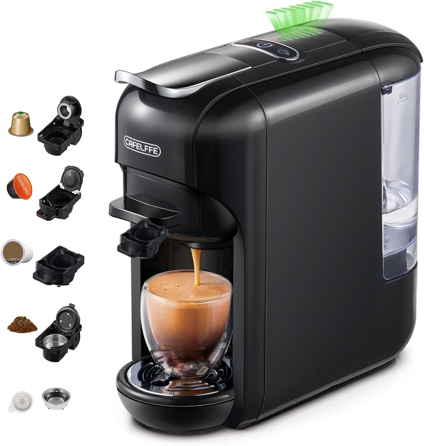 Cafelffe MK-606 5-in-1 Einzelportionskapsel-Kaffeemaschine, 19 Bar Heiß-/Kaltgebrüh-Espressomaschine, kompatibel mit K-Cup/Nes Original/DG/44 mm ESE Pods & Boden, 7 Wasserstufen, Zuhause/Büro, Schwarz