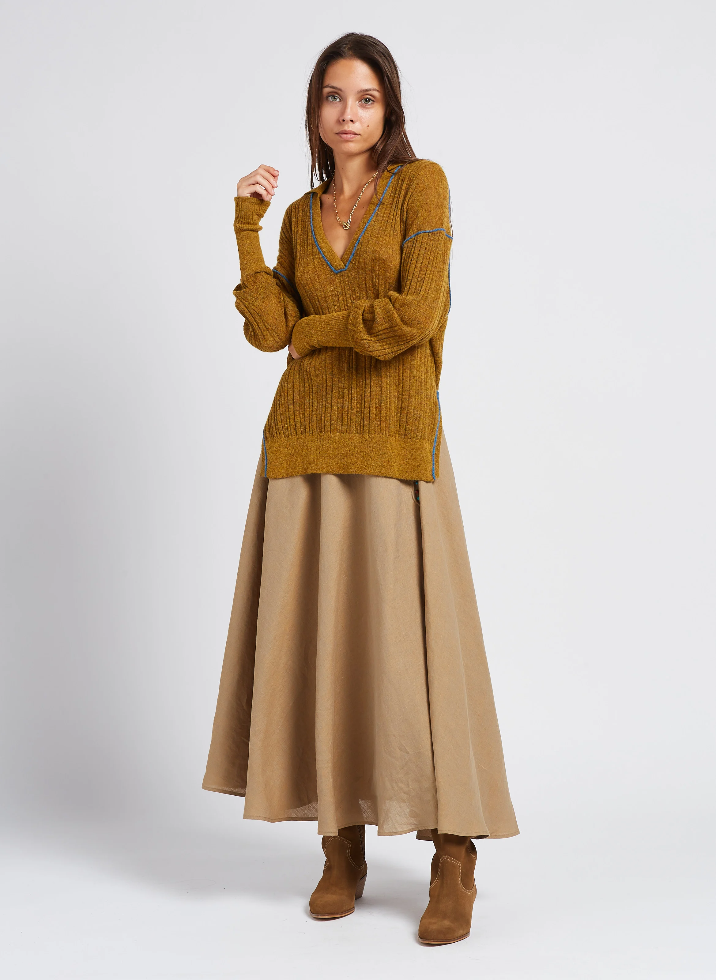 TAXAS - Jupe longue évasée en chanvre | Beige