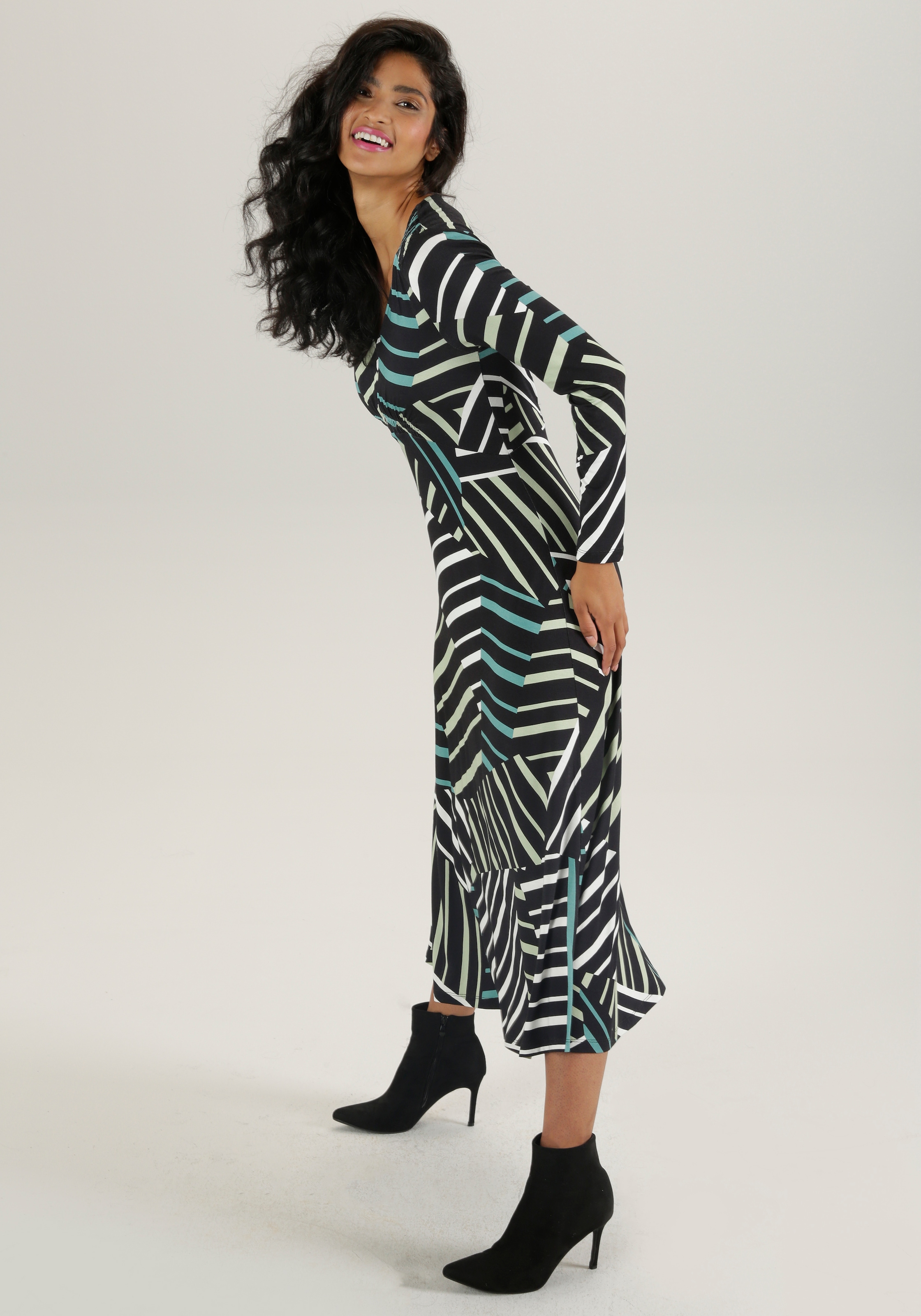 Aniston SELECTED Midikleid mit Smok-Details und Streifendruck