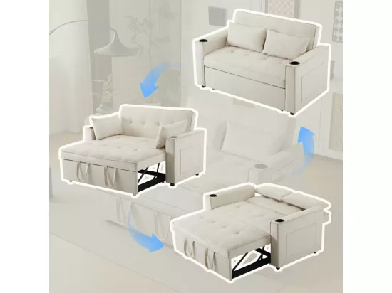 Canapé convertible en Velours - 2 places - avec 2 oreillers, poches d'accoudoir, porte-verres - Dossier inclinable - 137x76.5x83cm