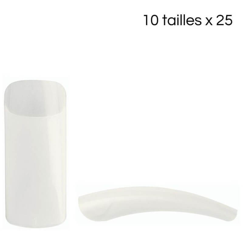 Boîte 250 Tips naturels carrés à bande longue 10 tailles X 25 pcs