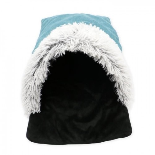 Cama para gato em formato de meia, azul claro tirolês, para gatos de pelo comprido.
