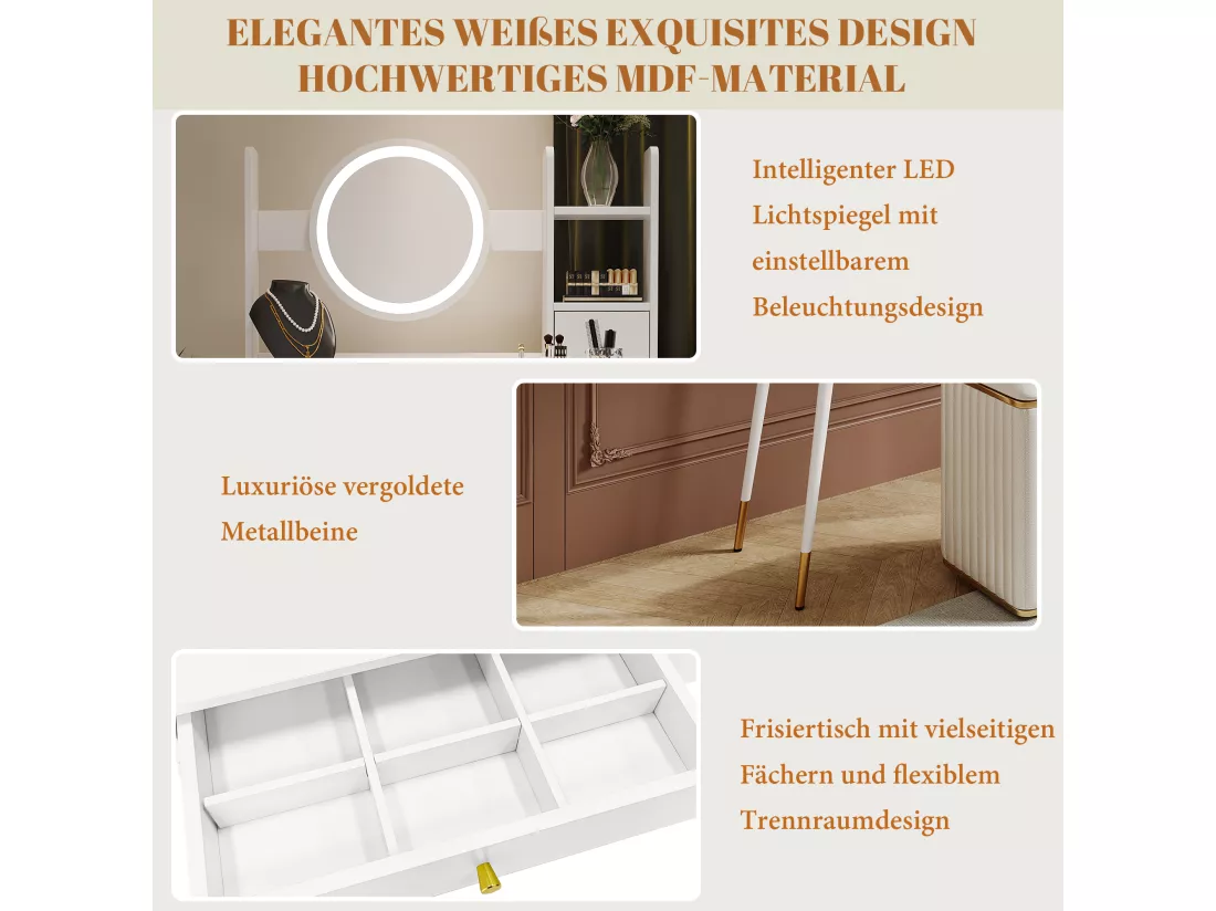 Coiffeuse avec miroir à LEDs - 3 tiroirs spacieux et étagères de rangement - 80 x 40x 130 cm - Bois MDF - Blanc (sans tabouret)