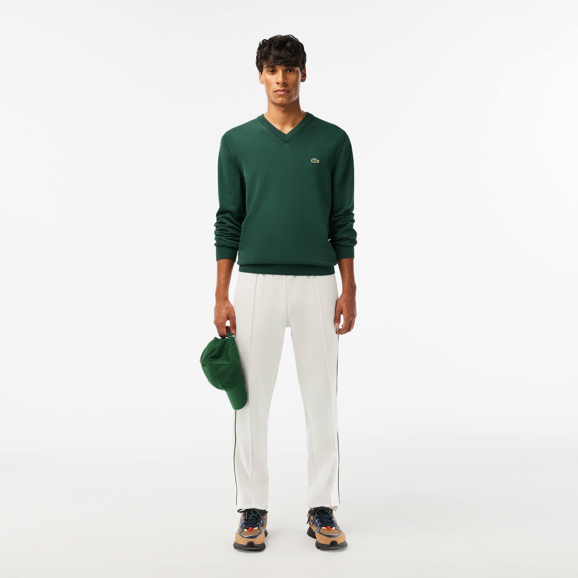 Pull à col V en coton biologique uni Pullovers - Vert - Lacoste - Homme