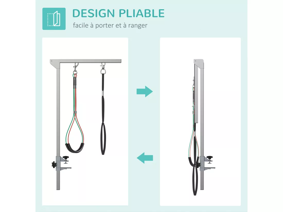 Bras de toilettage pliable animaux - hauteur réglable max. 74 cm - 3 colliers de serrage - chien taille moyenne - alu. acier inox.