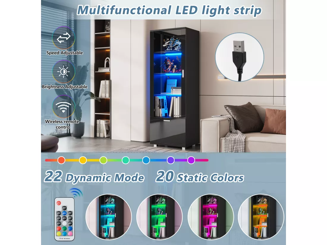 Vitrine avec LED - 3 étagères & 1 grand tiroir - Noir
