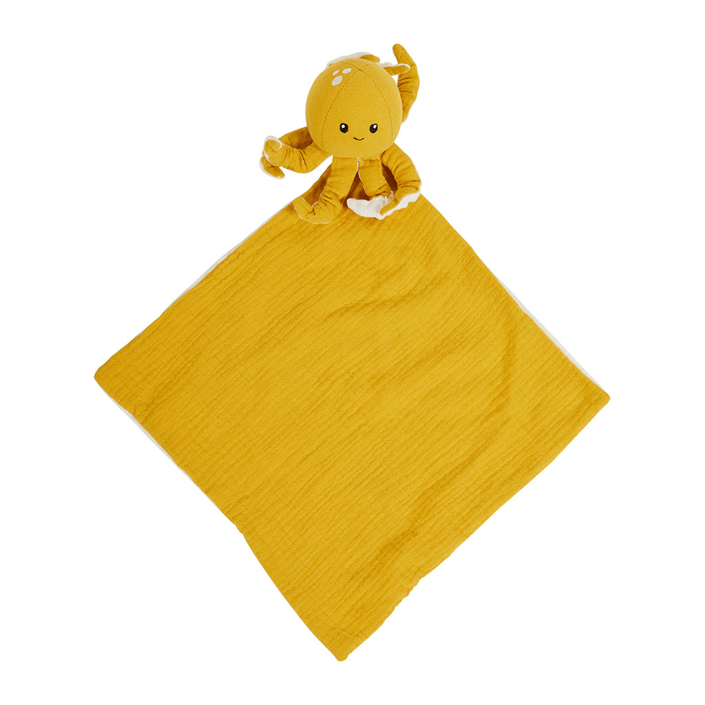Doudou mouchoir coton pieuvre moutarde 28x28cm