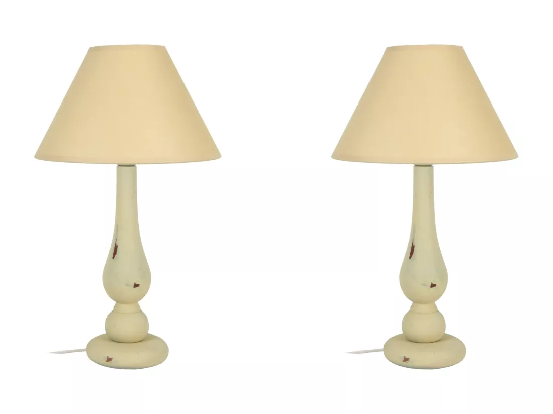 Pair de Lampes de chevet colonne bois beige 42 cm.