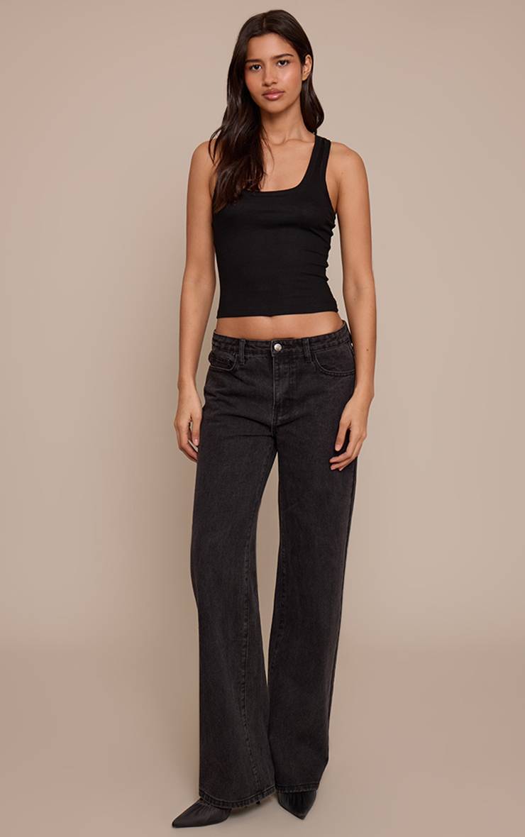 Noir Délavé Jean Droit En Denim Taille Moyenne Coupe Longue