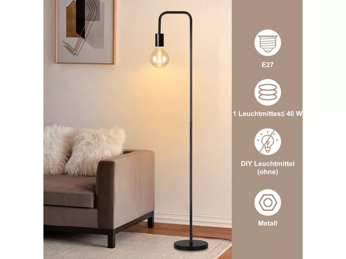 NETTLIFE Lampadaire Salon Vintage Lampadaire noir avec interrupteur à pied Métal industriel E27 Lampadaire design Lampe de salon