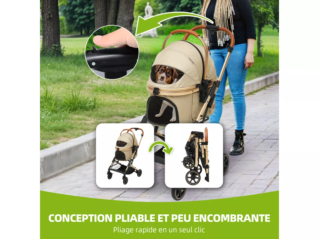 YITAHOME Poussette - pour Chien Chat - Tout Terrain - Panier de Rangement - 4 Roues - Pliable Portable - Amovible -Beige