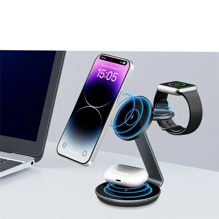 (15W) 3in1 MagSafe Ladegerät Qi Wireless Charger für Apple iPhone / Apple Airpods / Apple Watch Ladestation - Schwarz / Grau