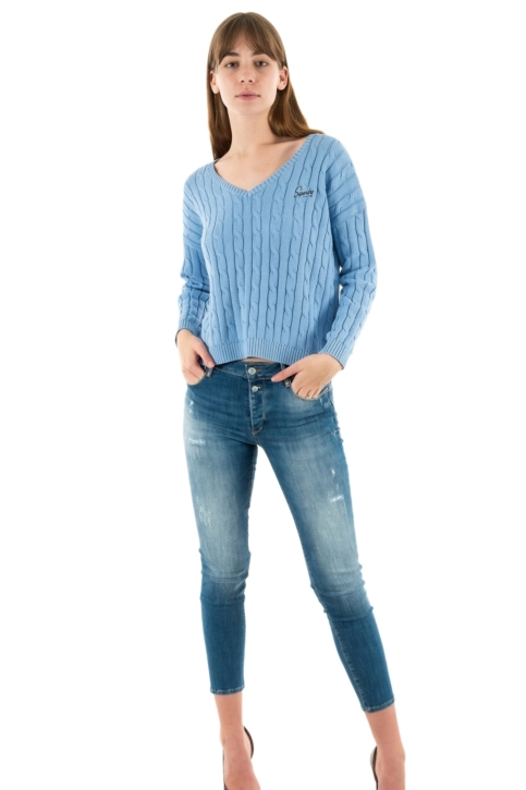 pull léger superdry vintage v neck cable 29g soft blue