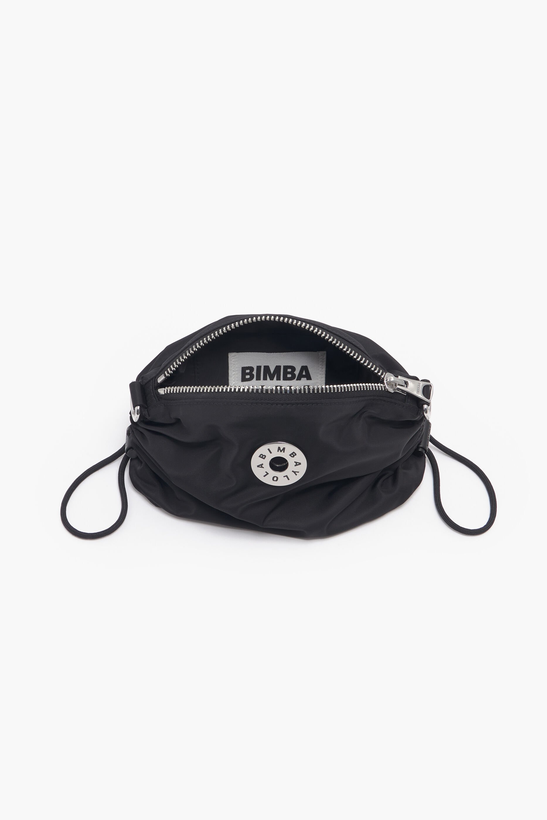 Bolsa de ombro pequena em nylon com franzido, preta.