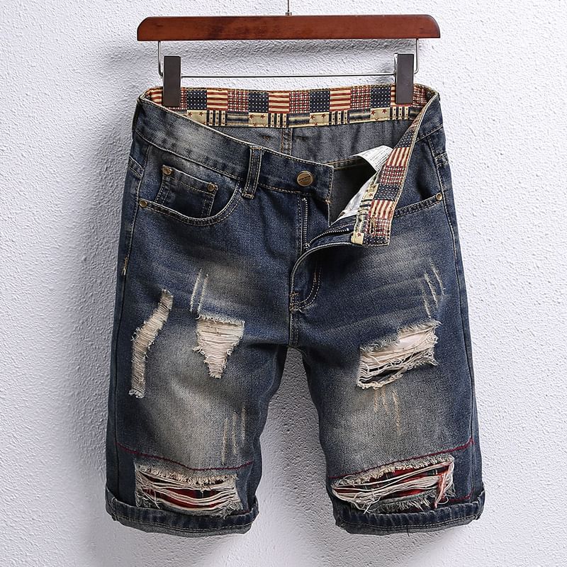 Denimic - Mid Rise Washed Distressed Denim Shorts