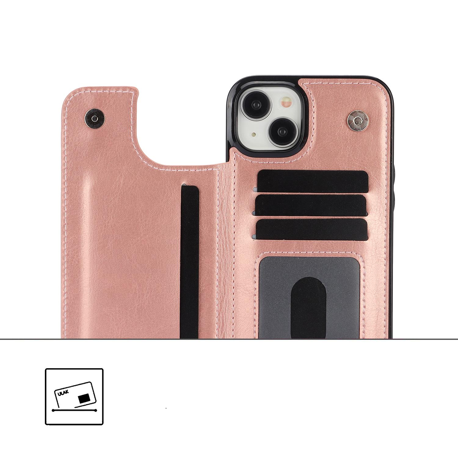 iPhone 15 Hybrid Leder Hülle mit Kartenfach   Kickstand Aufsteller - Roségold