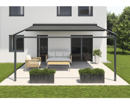 SOLUNA Pergola met stoffen dak 4x3, doekdesign 320968, frame RAL 7016 antracietgrijs, aandrijving links inclusief motor, wandschakelaar (wandmontage)