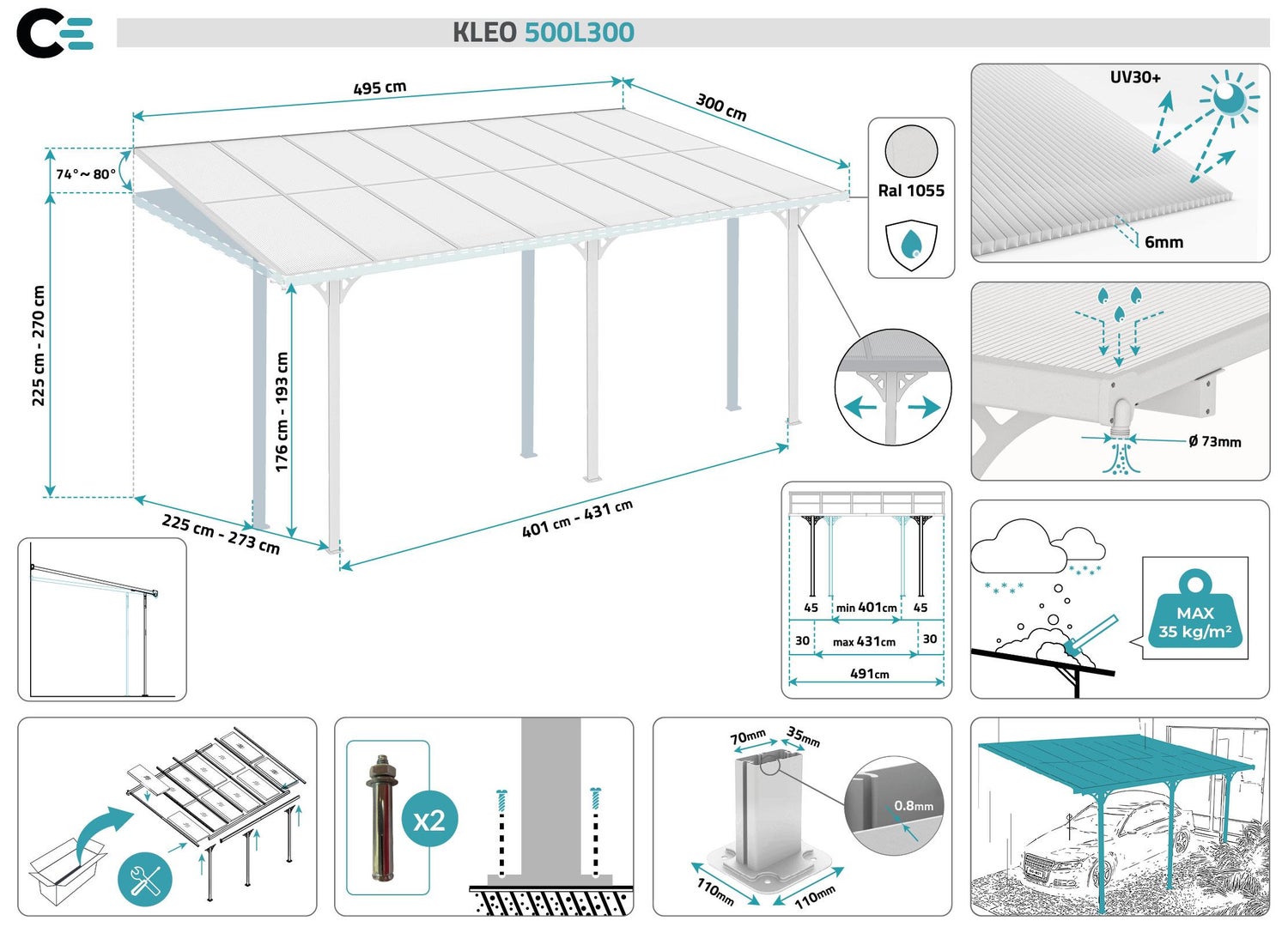 Terrasoverkapping/carport KLEO 500L300 aluminium wit