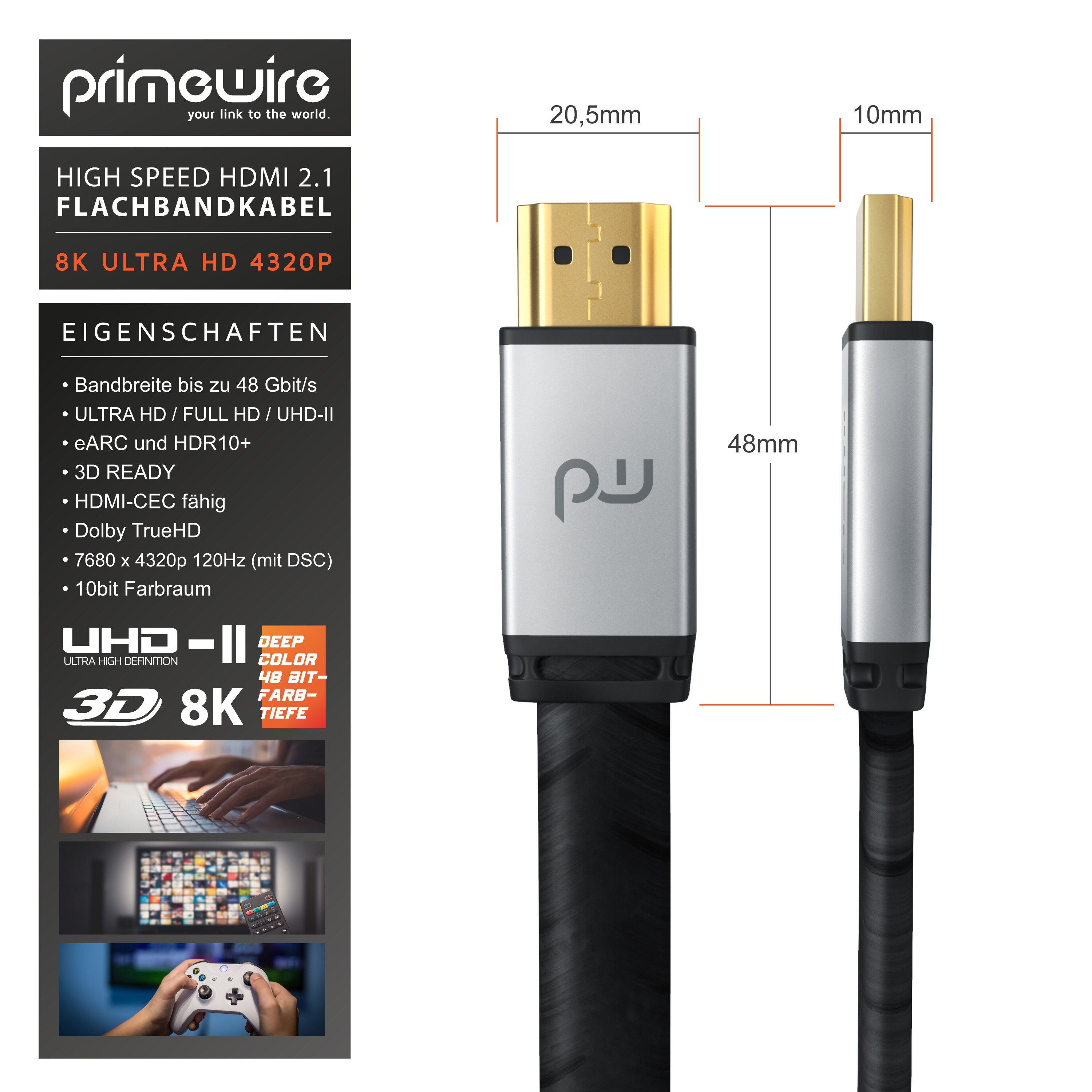 Primewire 8K High Speed HDMI Kabel 2.1 - Flachbandkabel mit Gewebemantel 7680 x 4320 @ 120 Hz mit DSC - 1m