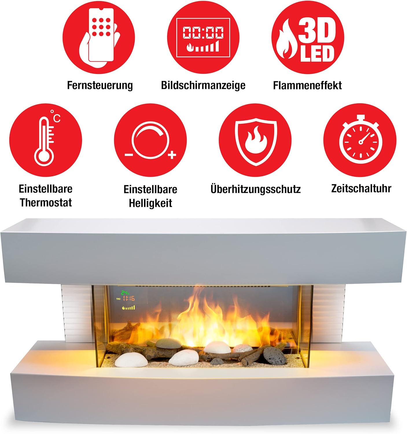 Elektrokamin - Toronto - 230V/2000W - Weiß - Kamin - mit Fernbedienung - LED-Flammeneffekt