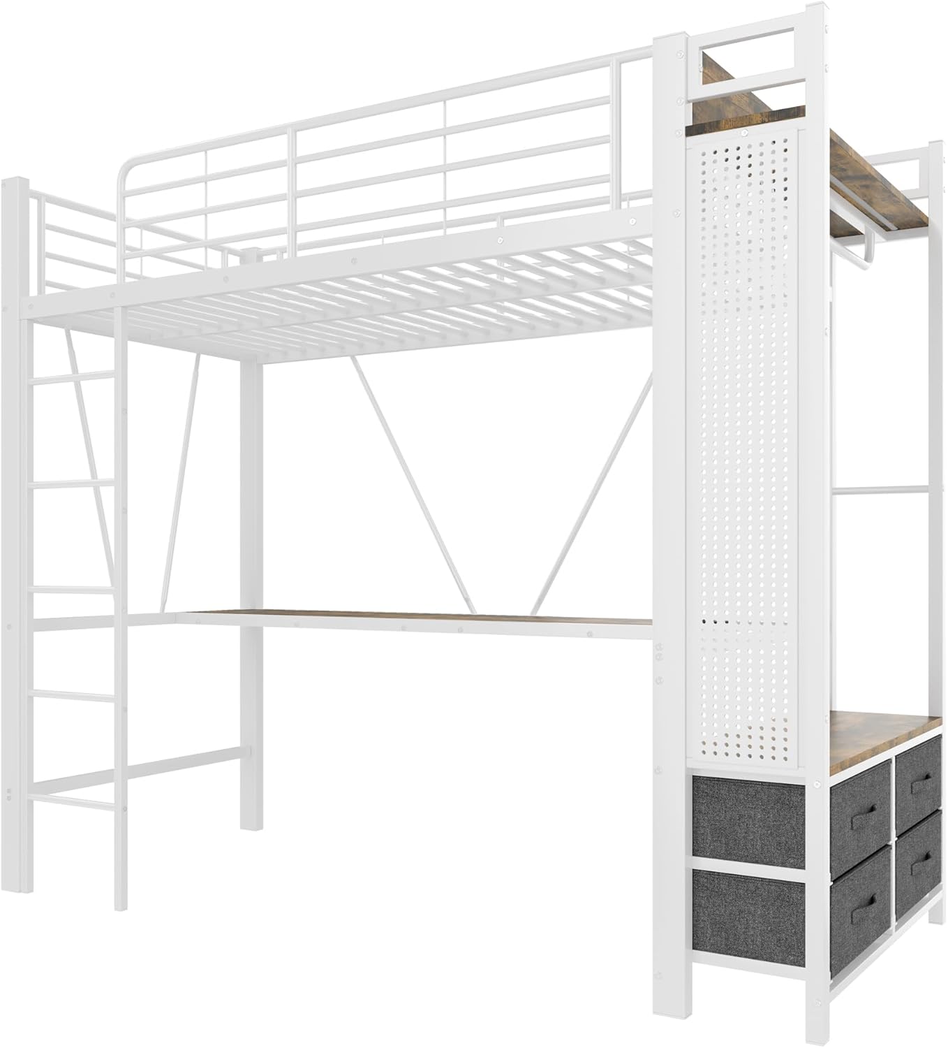 Etagenbett Hochbett 90x200, mit LED Leiste und USB Steckdose, Kinderbett mit 4 Schubladen und Schreibtisch, Trockenstab & Einlegeböden & Lochbrett, Bettgestell mit Rausfallschutz & Leiter(Weiß-C)
