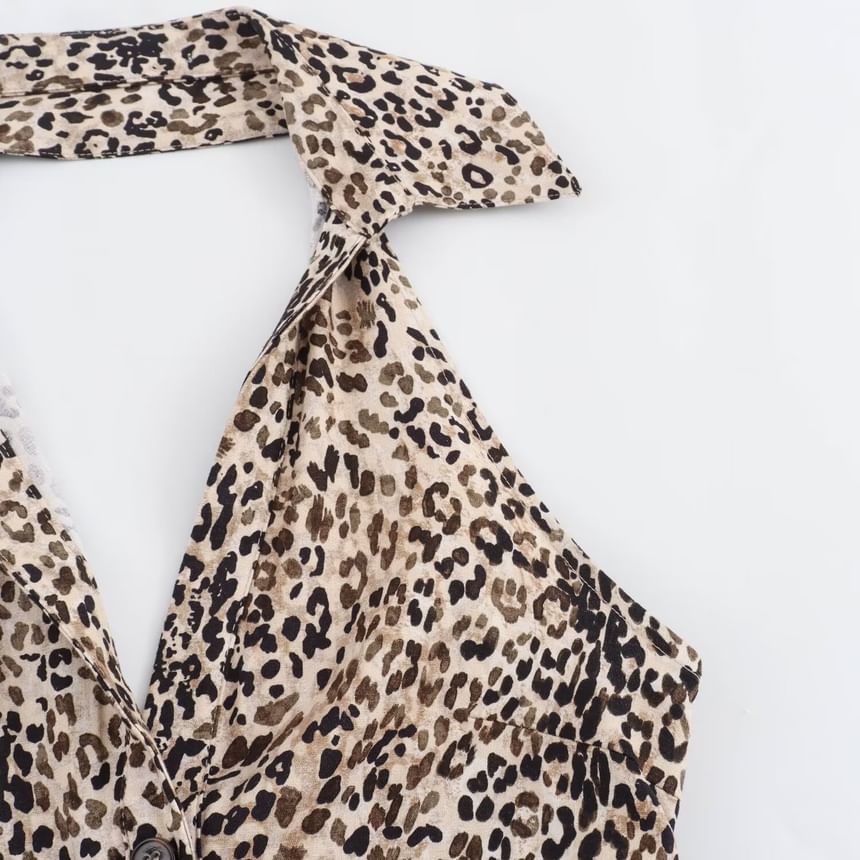 Sensarra - Halterkraag luipaardprint maxi-jurk met knopen