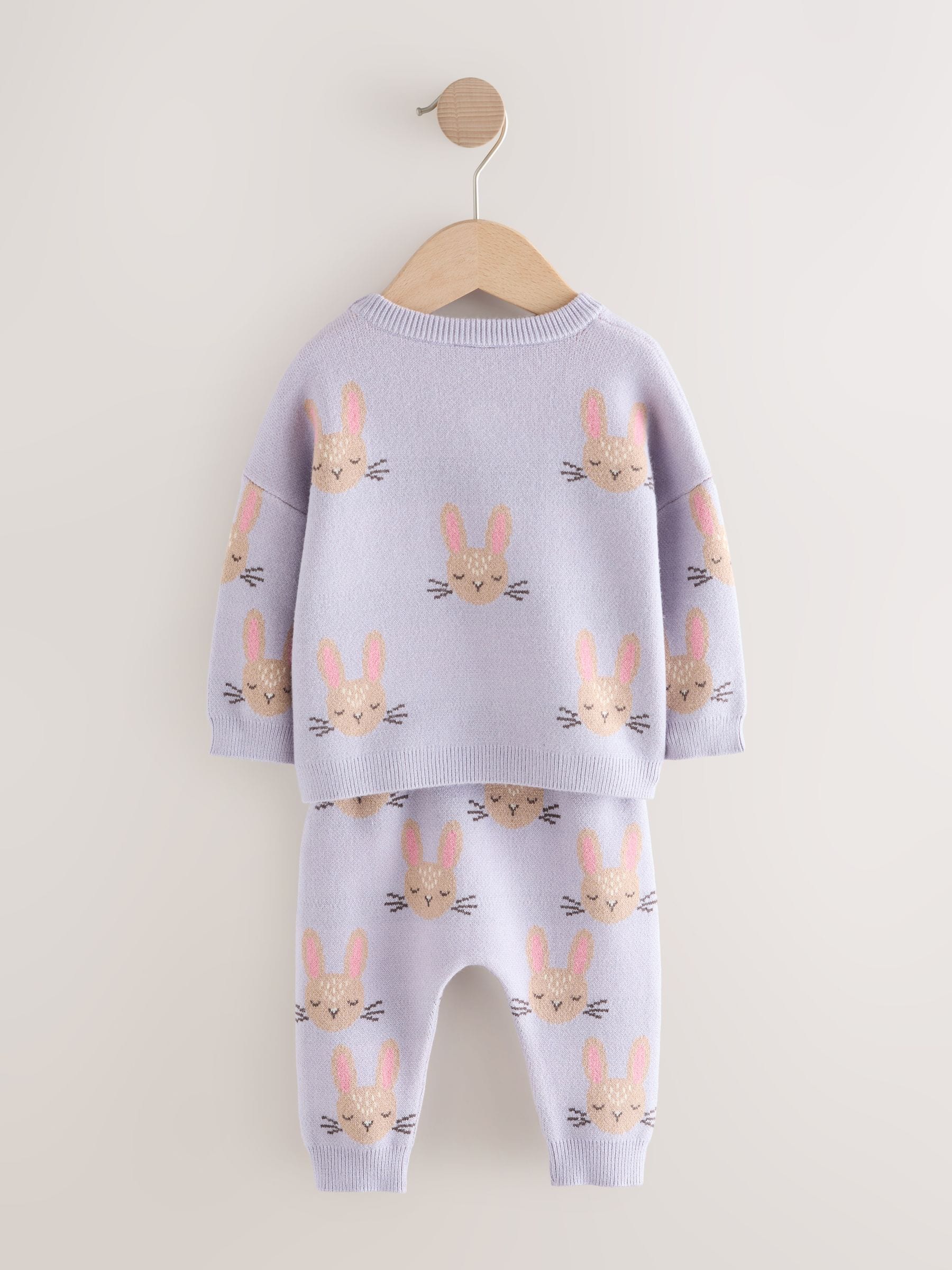 Paars met konijnenprint - Gebreide babytrui en leggings set 2 -delig (0mnd -2jr)