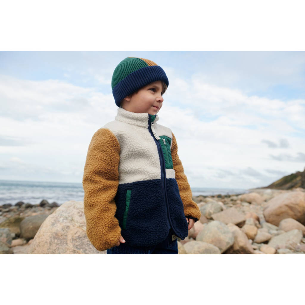 Liewood gebreide muts Ezra blauw/groen/camel