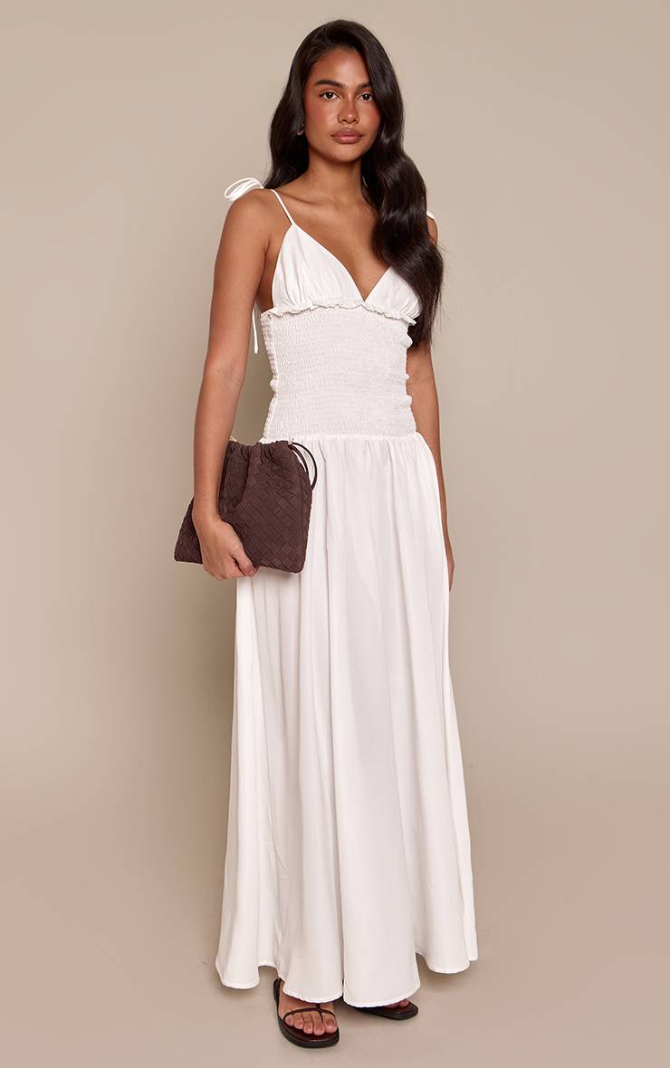 Blanc Robe Longue Tissée À Bretelles Avec Taille Froncée