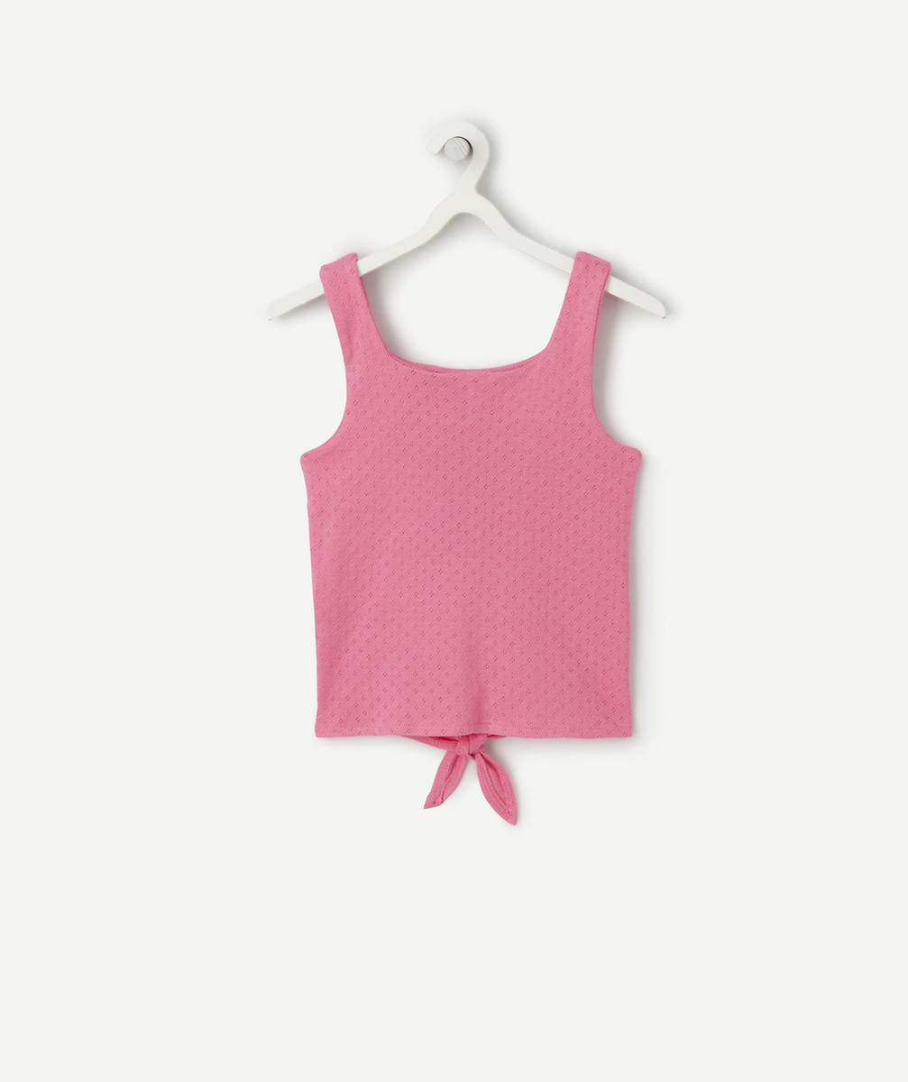 débardeur fille en coton bio et tricot ajouré rose avec noeud