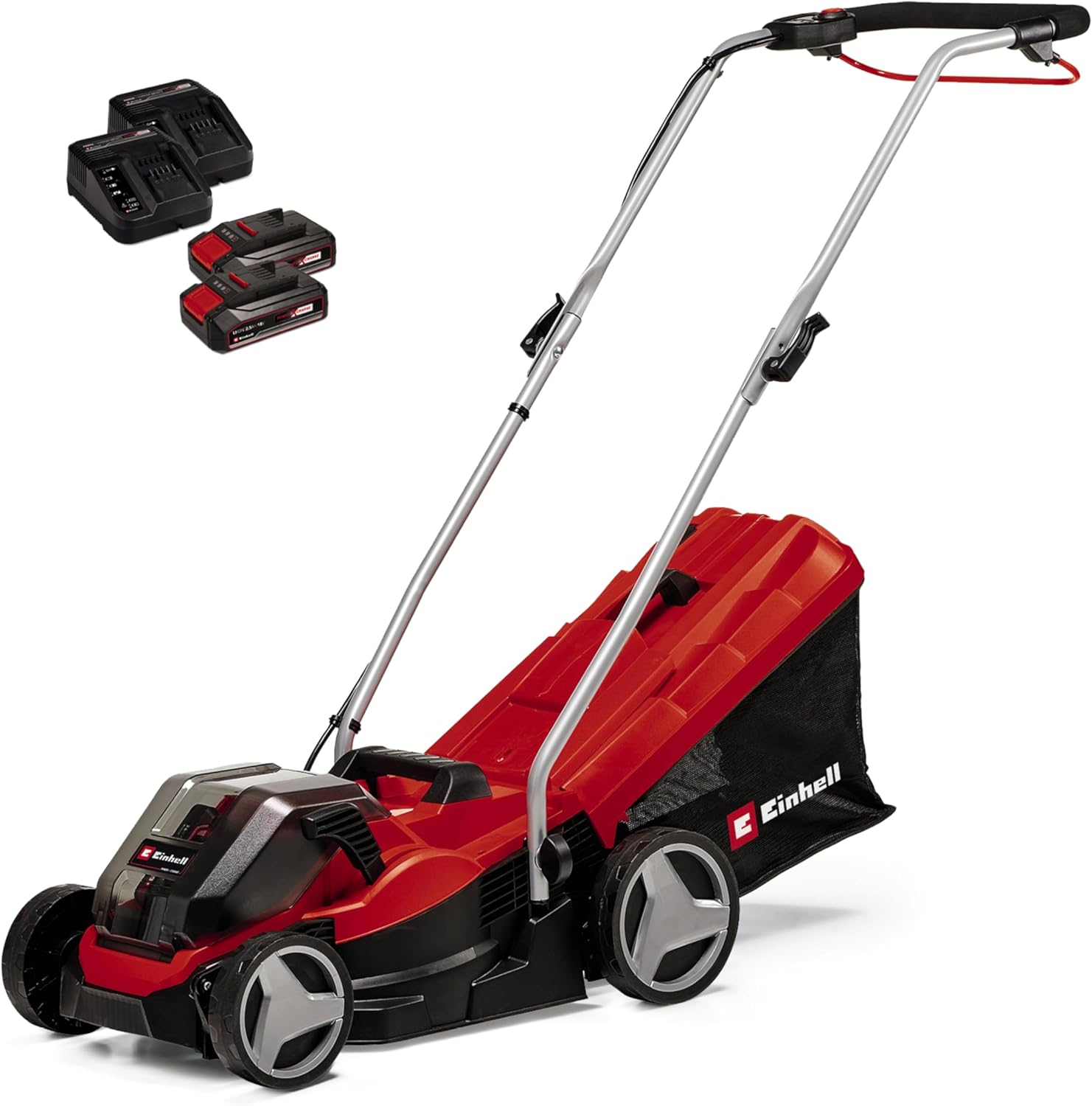 Einhell Akku-Rasenmäher GE-cm 36/33 Li Kit Power X-Change (36 V, 33cm Schnittbreite, bis 250 m², 30L Fangkorb, 25-65 mm Schnitthöhe, inkl. 2X 2,5 Ah Akkus + 2X Ladegeräte)