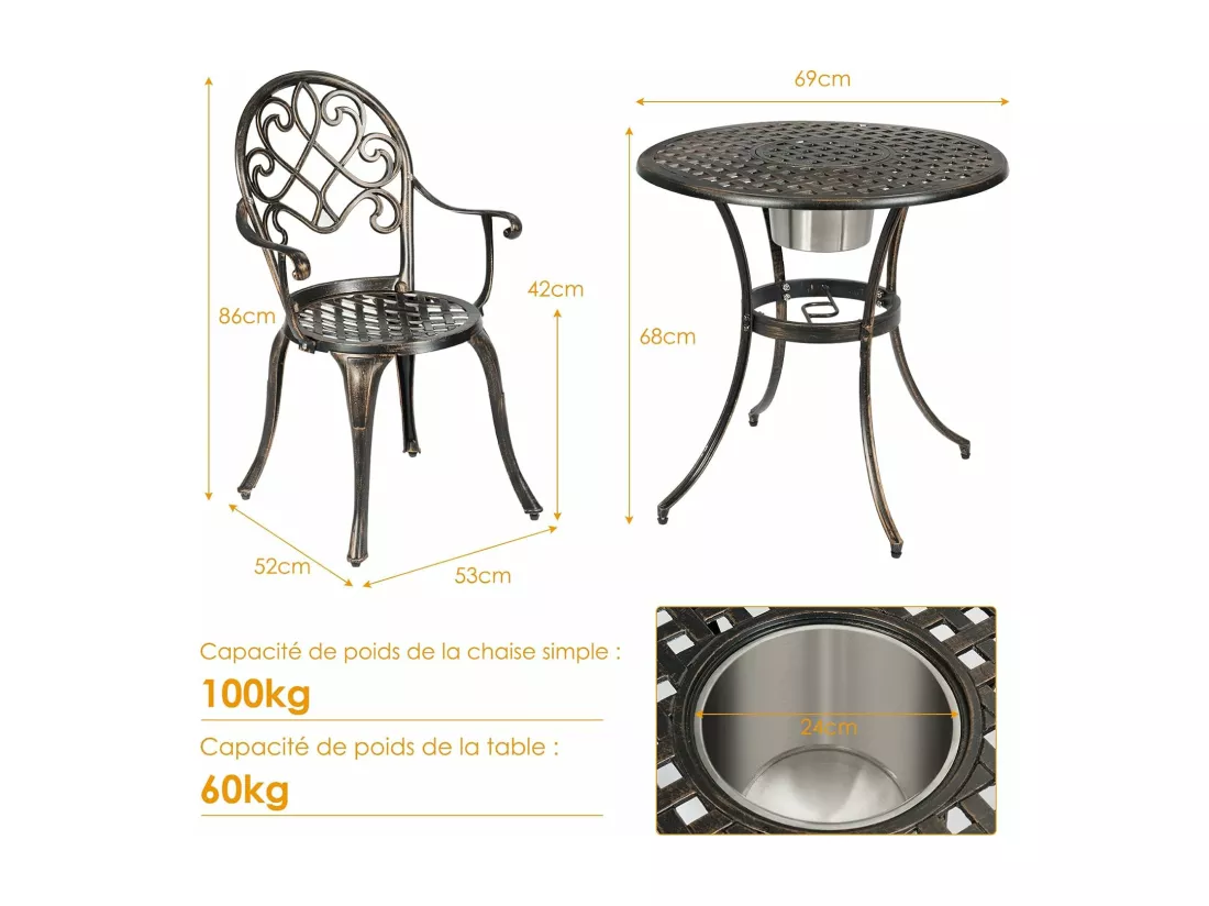 Ensemble Table et 2 Chaises pour Jardin 3 Pièces avec Seau à Glace Amovible Accoudoir en Fonte d'Aluminium, Salon de Jardin 3Pcs Style Antique, Charge 100KG (Bronze Antique)