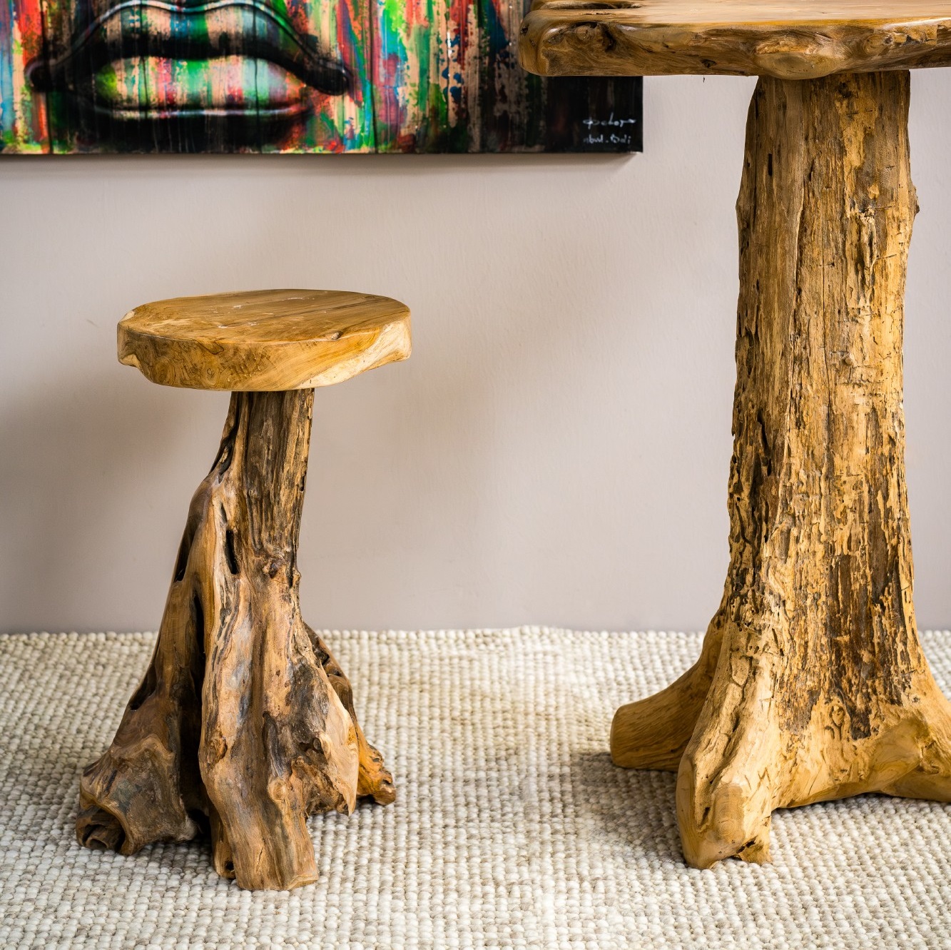 Wurzelholz-Barhocker 'Primitive', Teak natur, H 75 cm, Ø 45 cm von fischer's lagerhaus