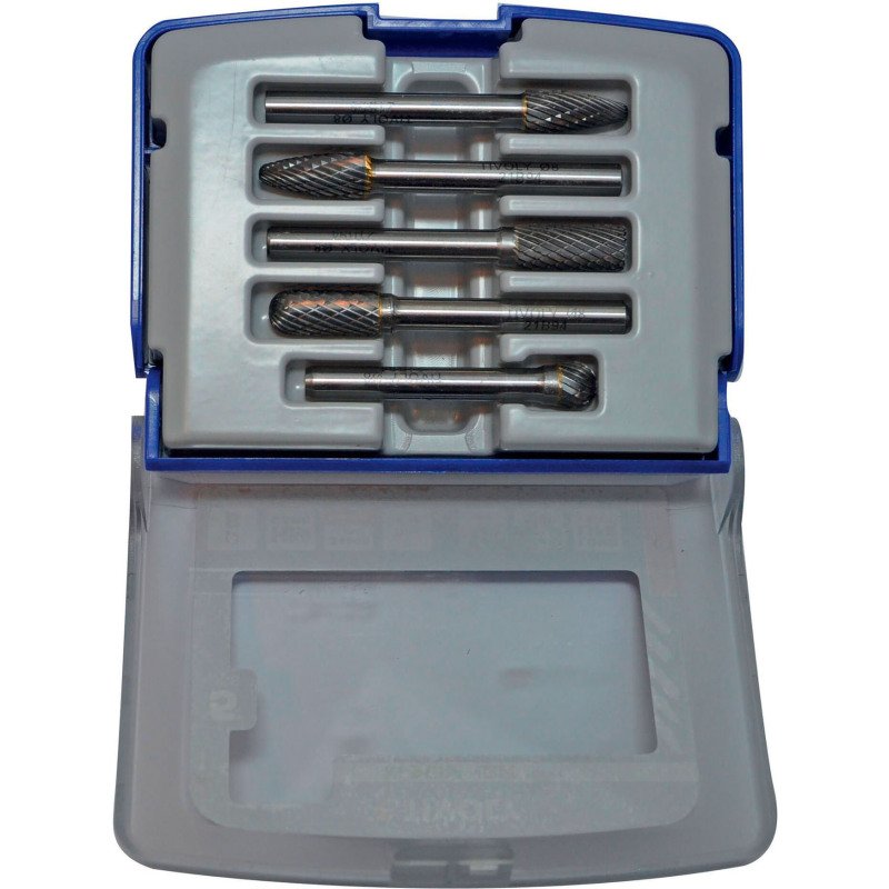 Coffret de 5 fraises limes rotatives carbure Ø 8 mm Tivoly Technic denture normale avec brise copeaux queue Ø 6 mm