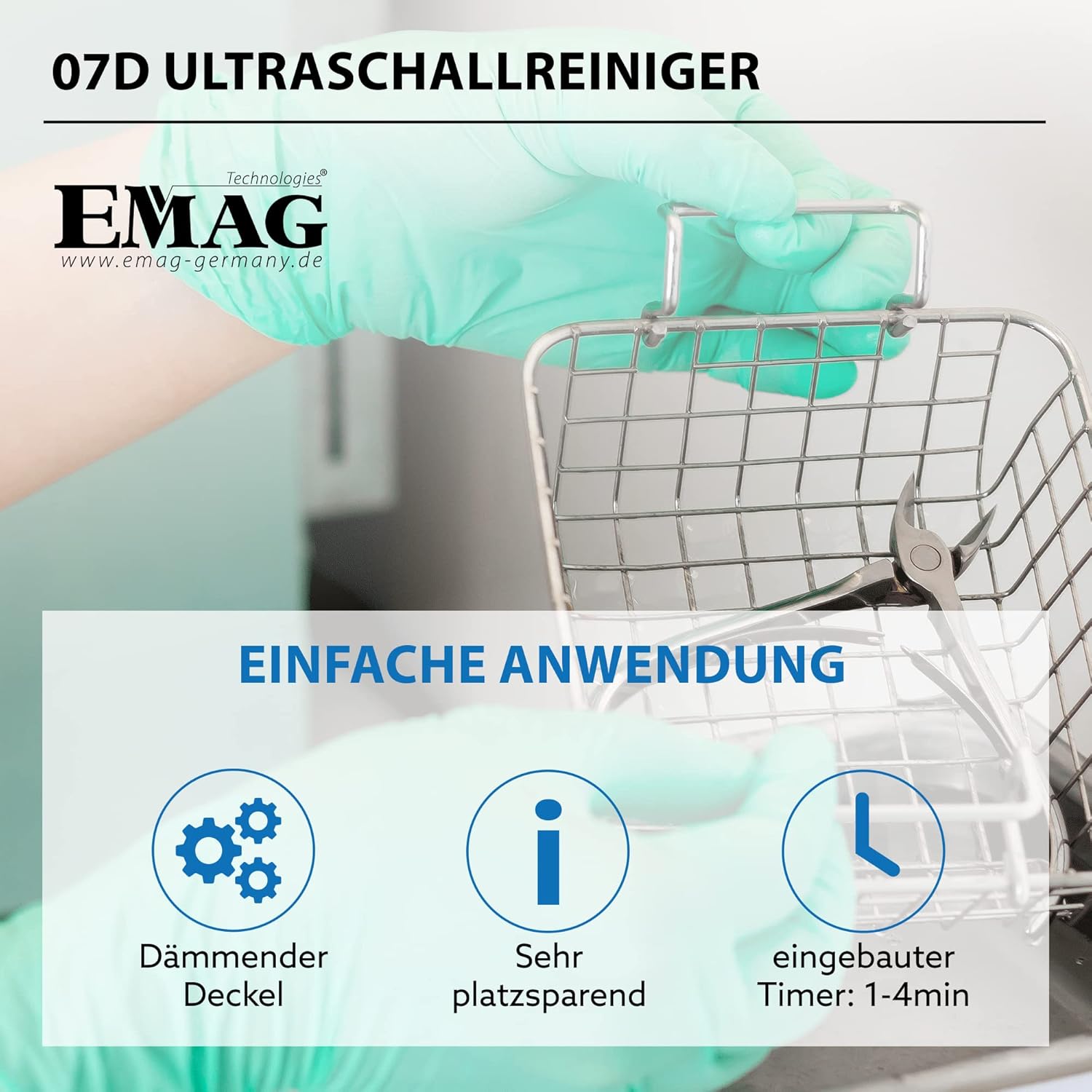 EMAG Ultraschallreiniger Emmi 07D Edelstahl I Brillenreinigungsgerät auch Schmuck & Uhren + Timer I Ultraschallreinigungsgerät aus Deutschland I 500ml