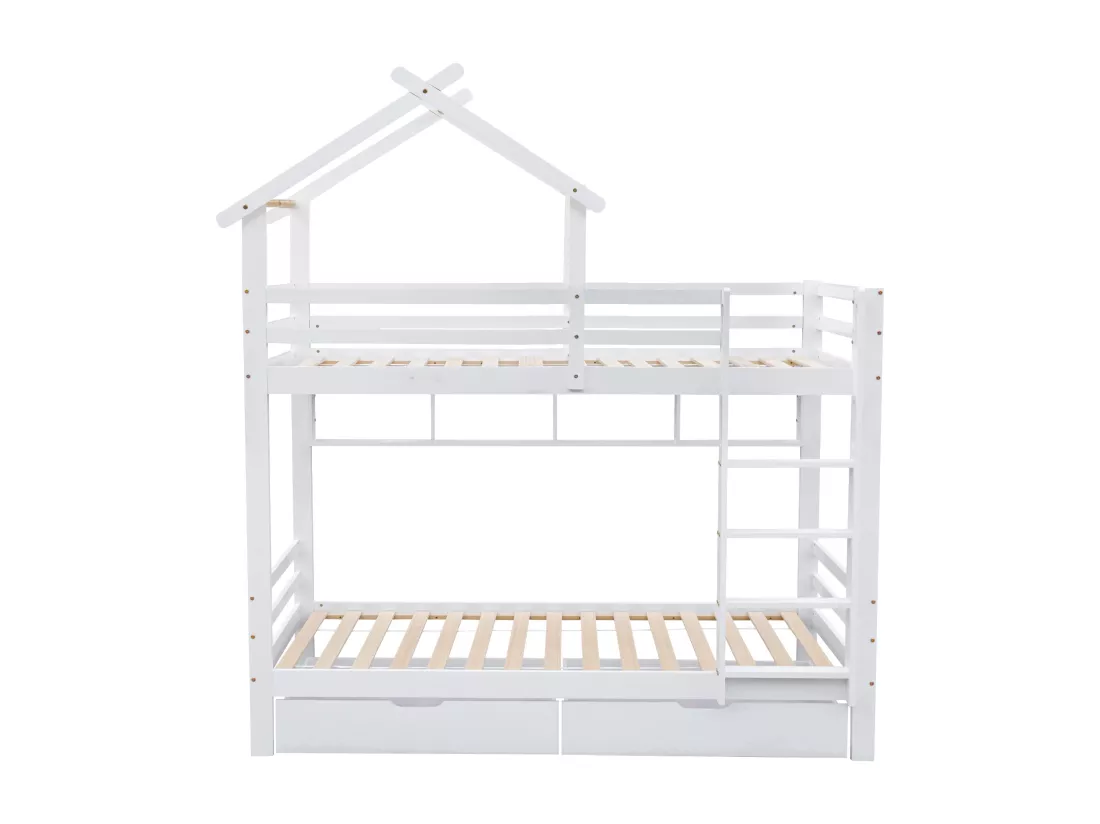Lit superposé cabane 90x200cm en pin massif avec tiroirs et étagères + sommiers à lattes - Blanc