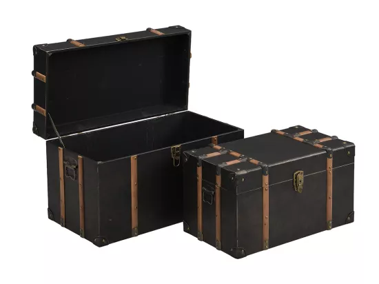 Lot de 2 malles en bois et MDF - Revêtement en simili - L. 64 x P. 39 x H. 34 cm et L. 54 x P. 30 x H. 30 cm - Marron foncé - MAHALIA