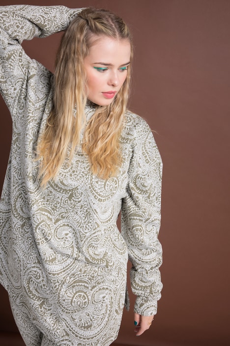 Longsleeve, oversized, Glitter Paisley, Stehkragen, Seitenschlitze