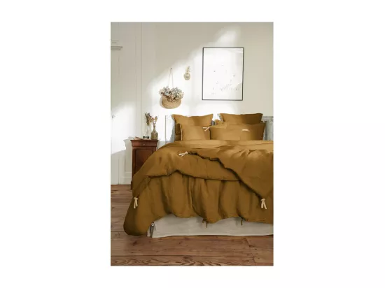 Édredon 90 x 200 cm lin lavé caramel avec 4 nouettes en jute - LUISA