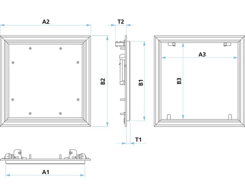 Toegangsluik voor scheidingswand Alumatic F/EI30 met gipsplaatinleg van 12,5 mm en veiligheidssluiting van 300 mm x 300 mm.