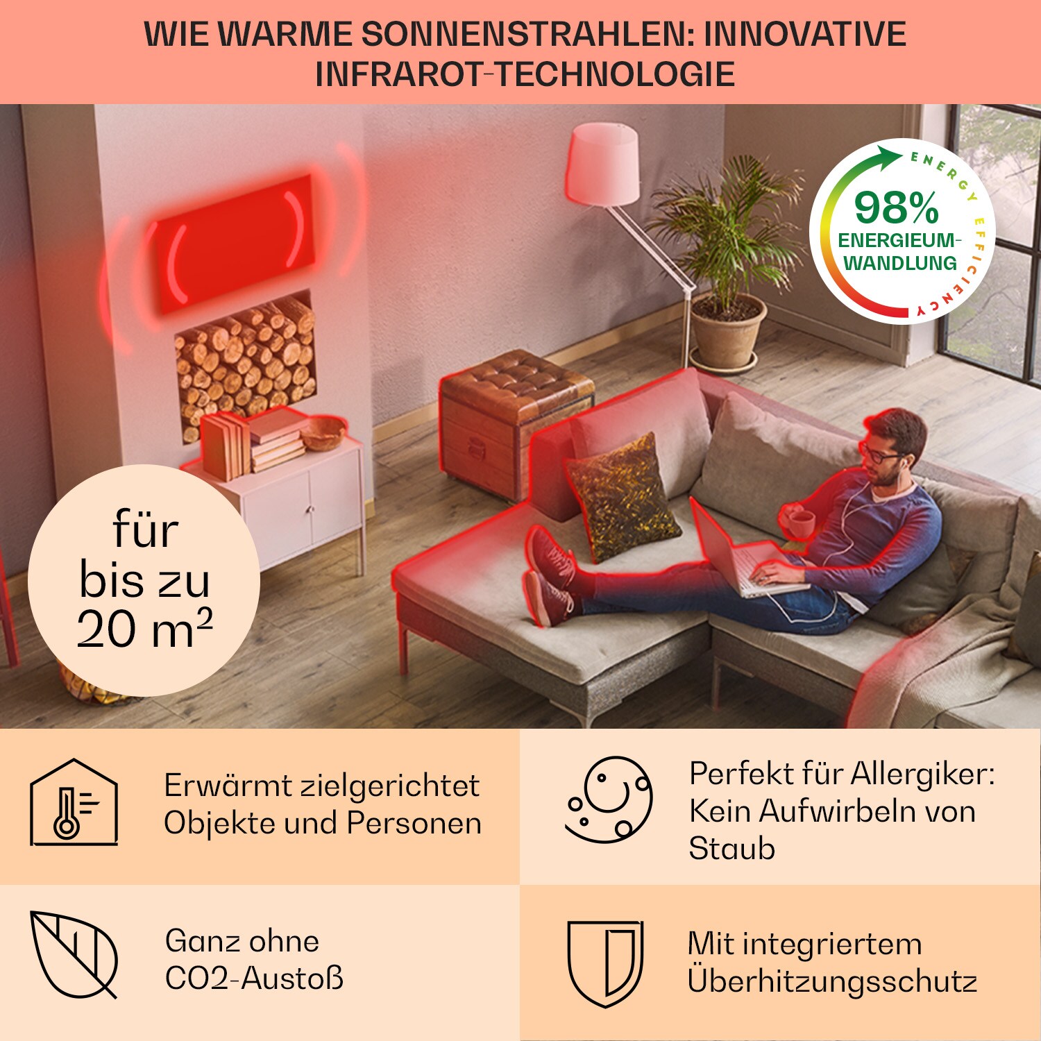 La Palma 1000 smart 2-in-1 Heizgerät Infrarot Konvektor 120x60cm 1000W Spiegel