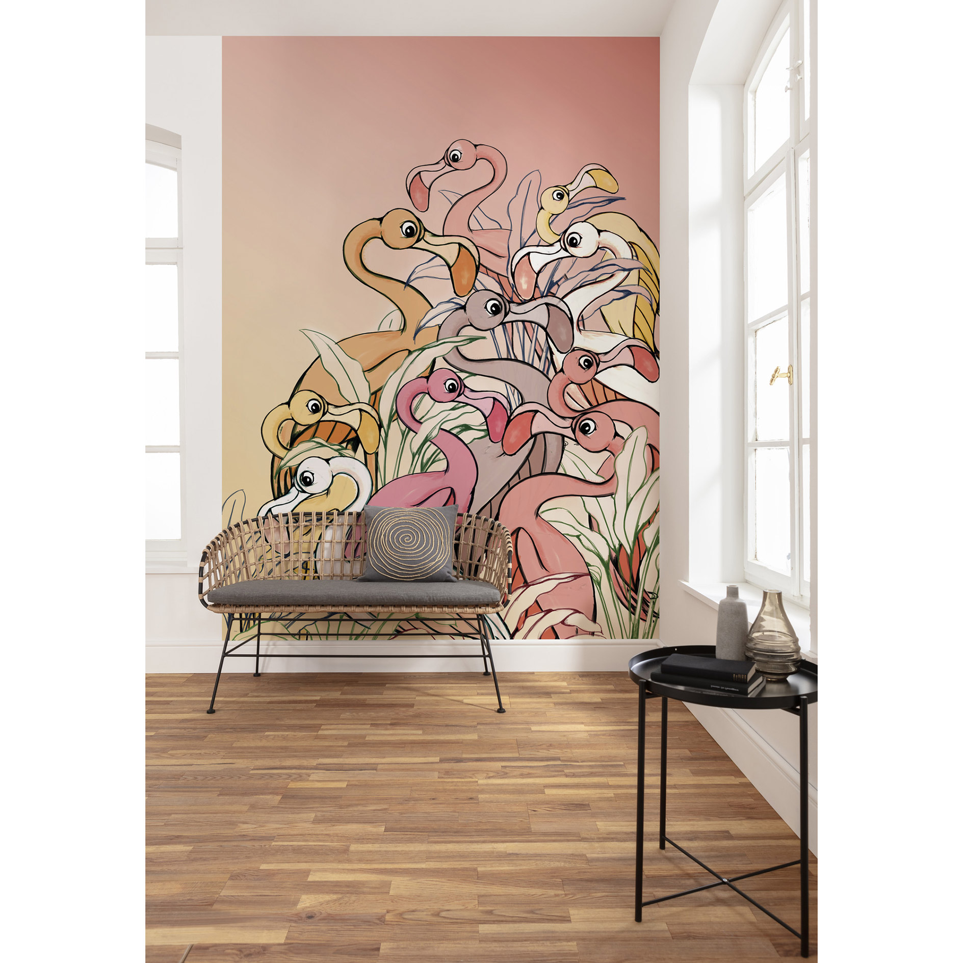 Vlies-Fototapete FLAMINGOS AND LILLYS - rosa-gelb - 200x280 cm