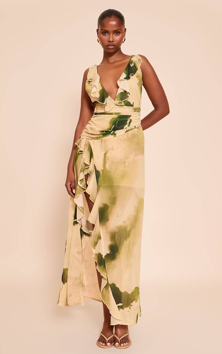 Vert Robe Longue À Bretelles À Volants En Mousseline Fleurie Avec Décolleté Plongeant