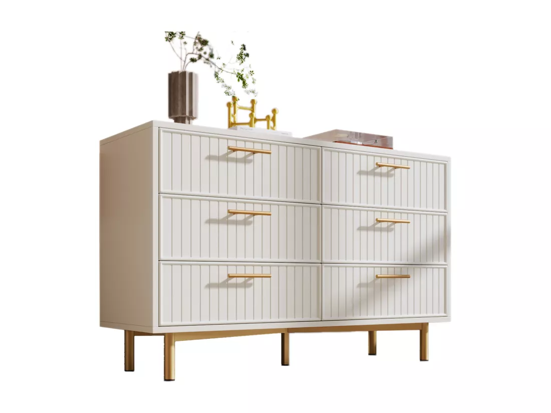 Commode avec 6 tiroirs, 120 x 40 x 75 cm, Panneaux de particules + métal, Motif rayures verticales, Blanc