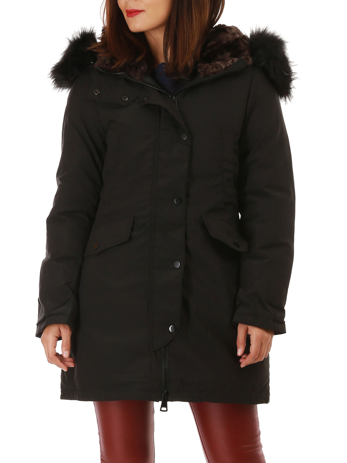 Parka à capuche fourrée et fausse fourrure- Noir